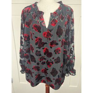 NWT Talbots Top Tunic Sz 2X Burnout Velvet Floral Rose Red Black Boho Peasant